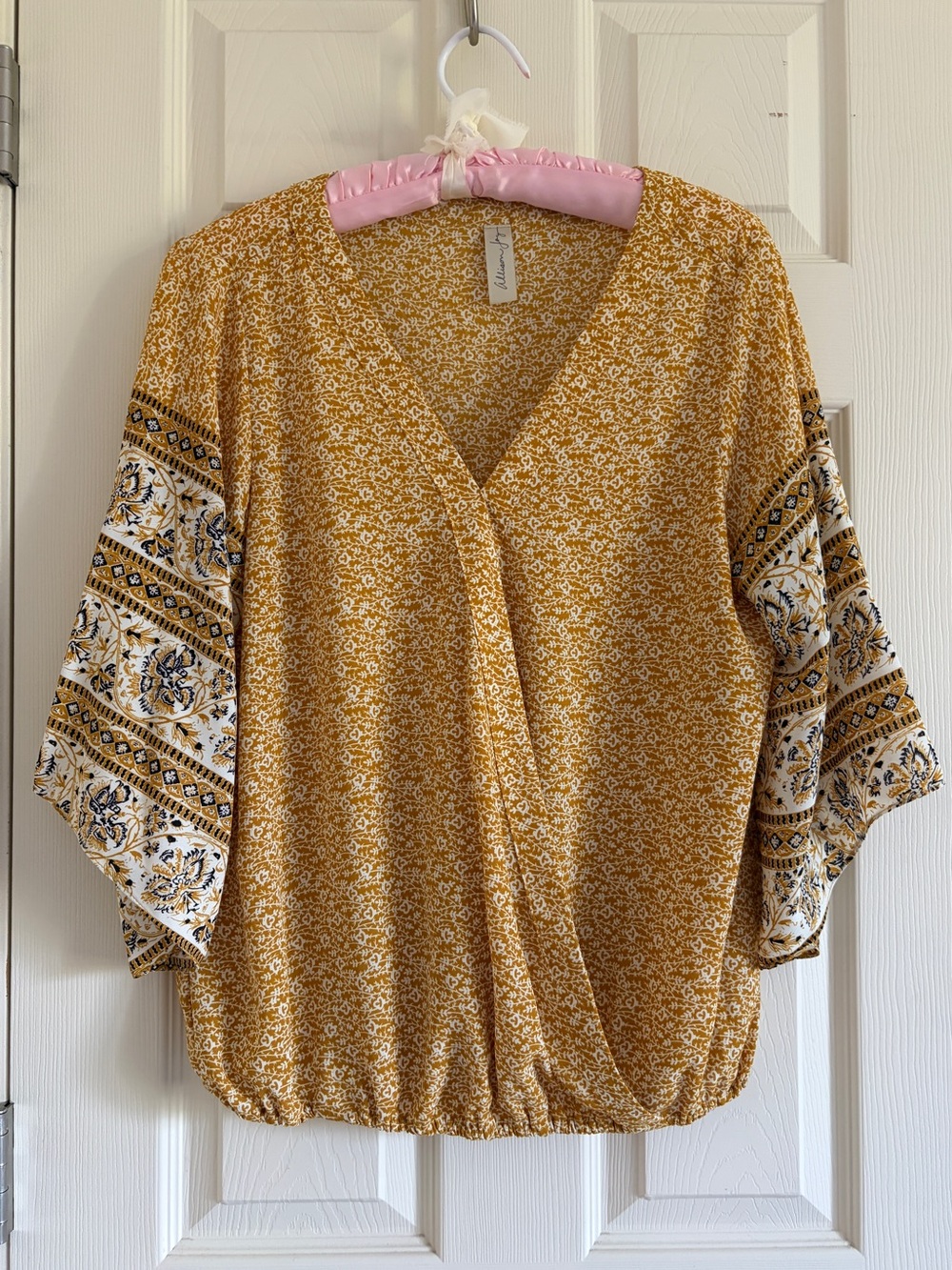 Allison Joy Floral Mustard Wrap-Front Top Women's Blouse Size XL